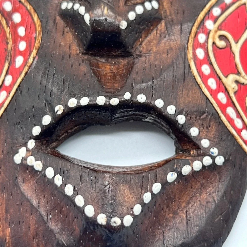 Tiki Mask Hand Carved & Painted Wood Brown Red White Dot Tribal Indonesia Art